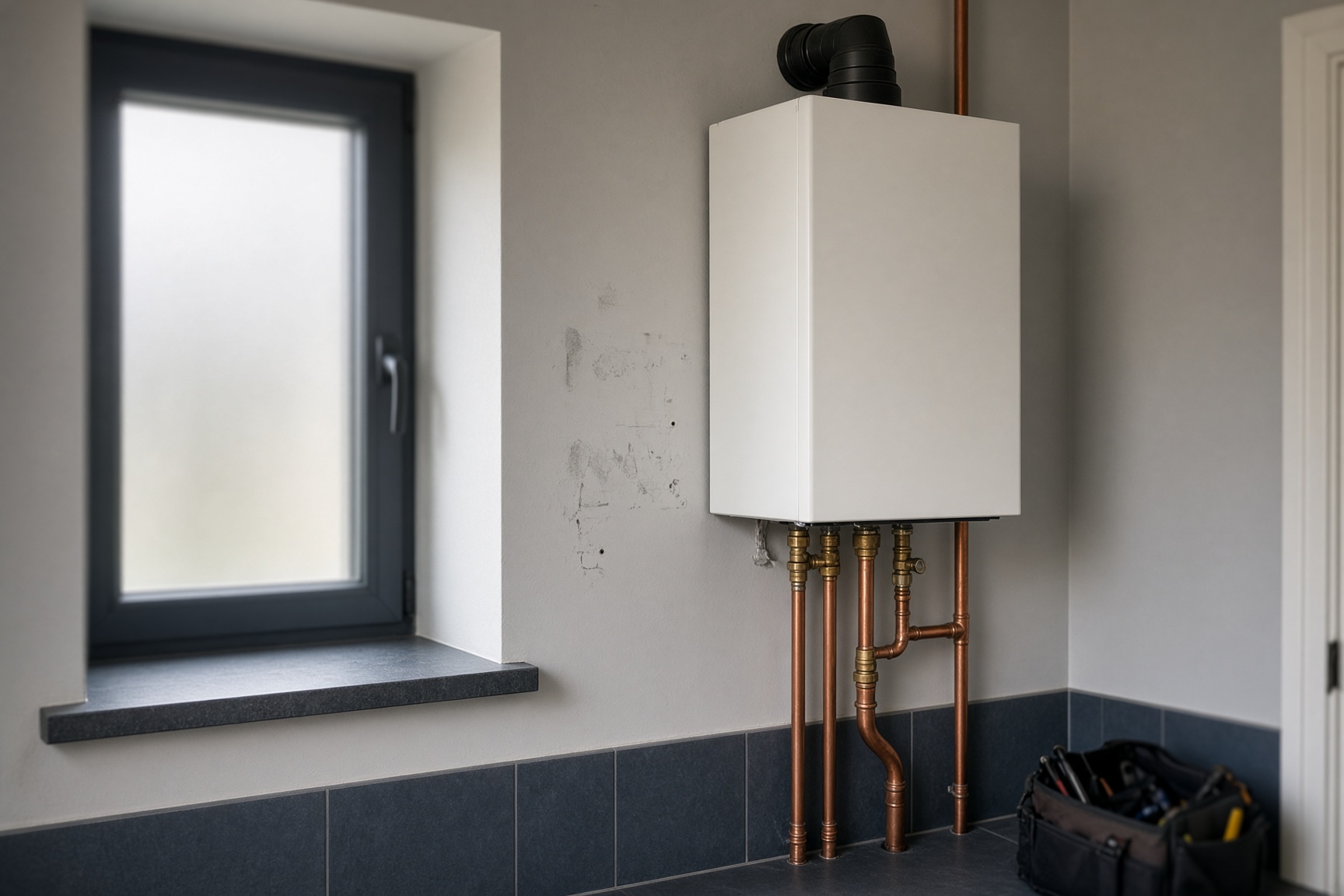 A new combi boiler in a utility room