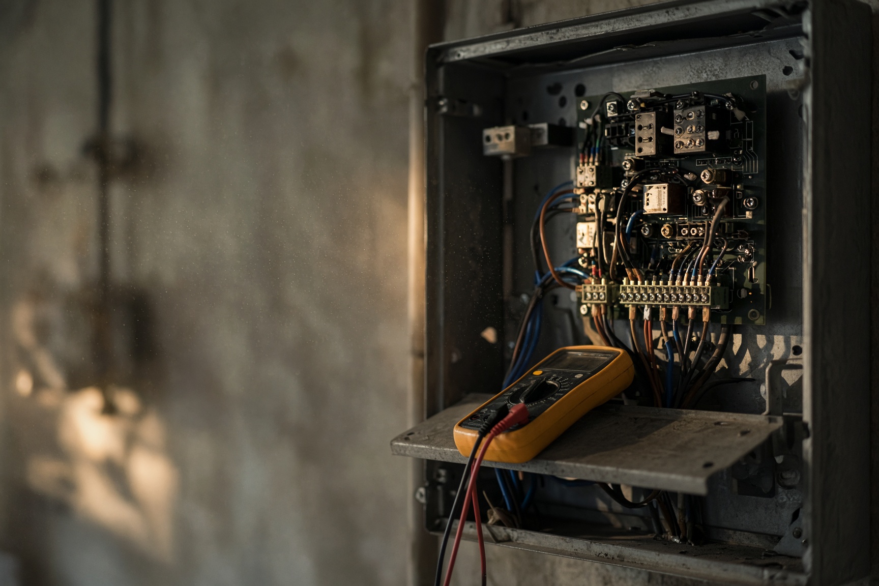 A consumer unit open with a multimeter on the board