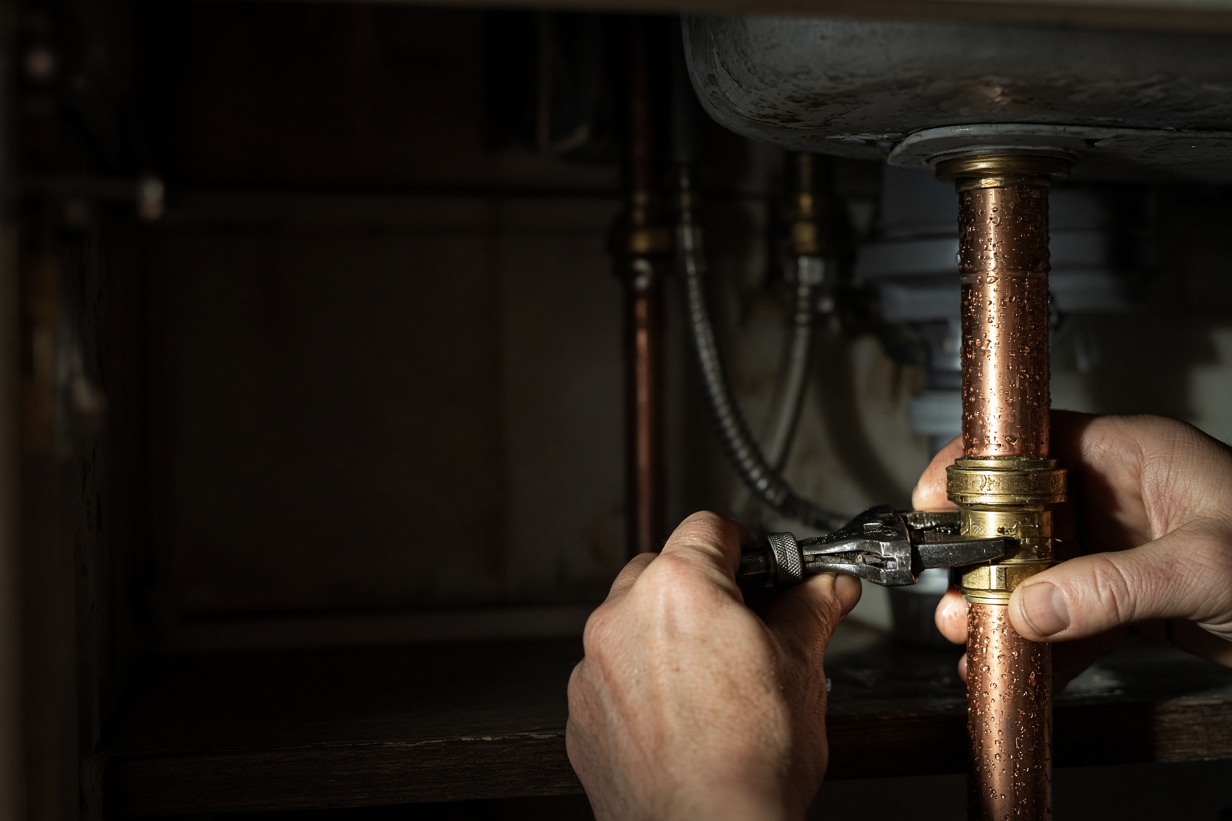 A leak being repaired under a kitchen sink