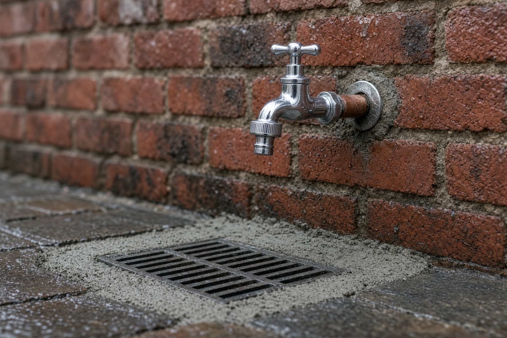 An outside tap and drain against a brick wall