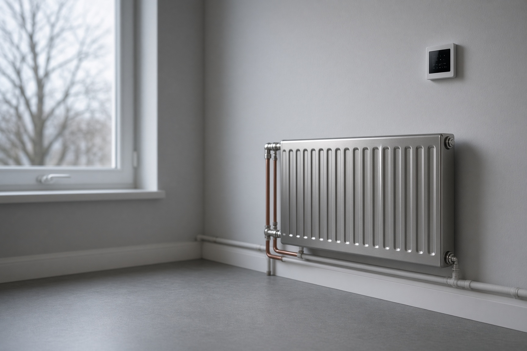 A radiator and a heating control on the wall