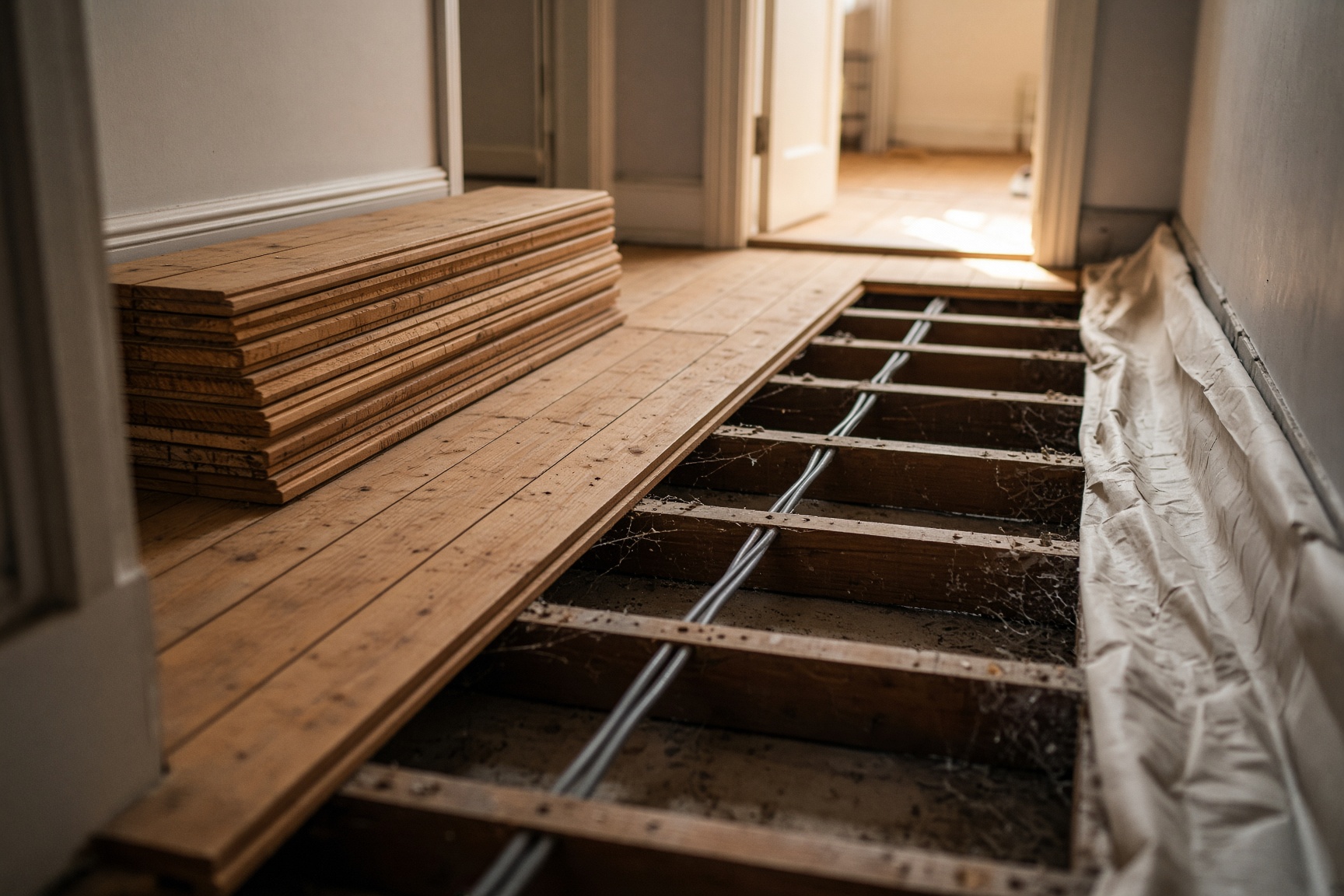 Floorboards up with new cable runs between the joists